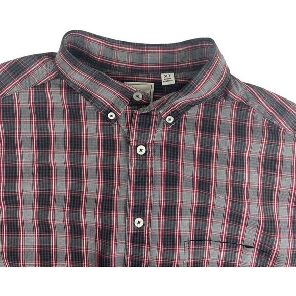 ROWM Red & Black Plaid LS Button Down Shirt LIghtweight Cotton Office Career XLT - Picture 2 of 8